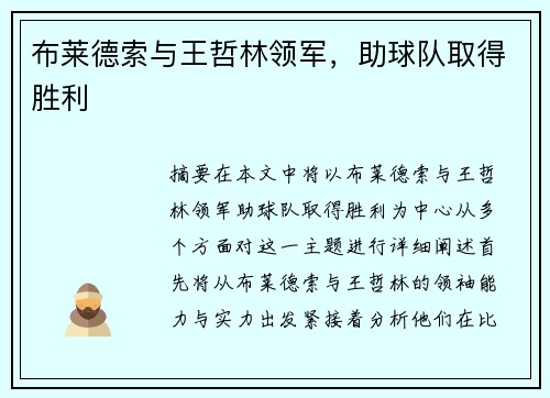 布莱德索与王哲林领军，助球队取得胜利